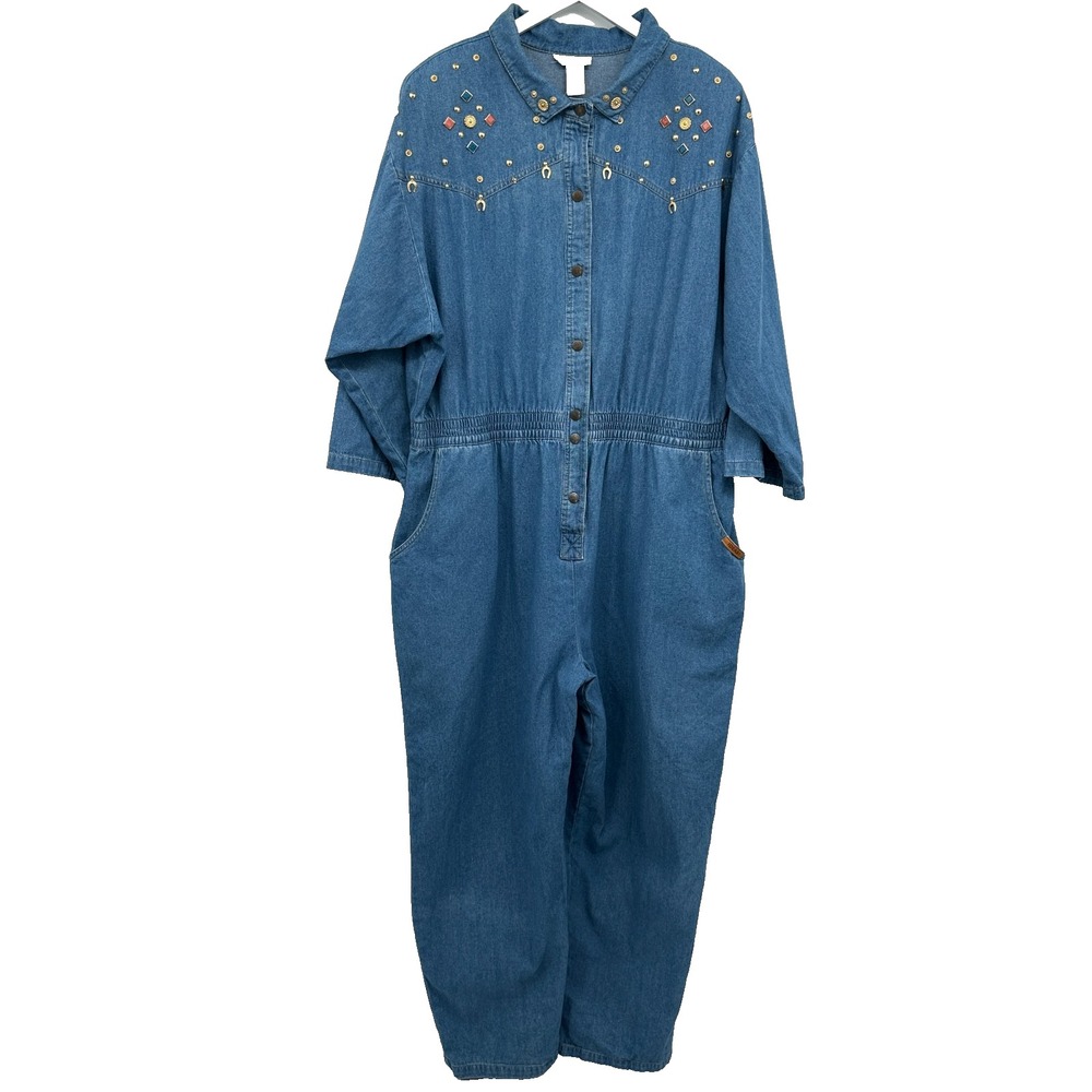 Vintage‎ Denim Coverall Jumpsuit Romper Size 3X Shoulder Pads Western Festival